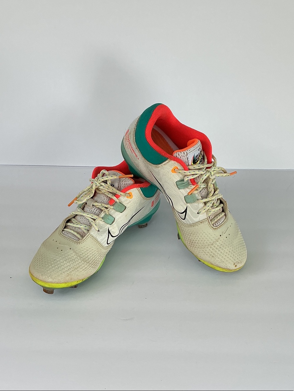 Nike Hiperdiamond 4 White Teal and Coral Women's Athletic Softball Cleats